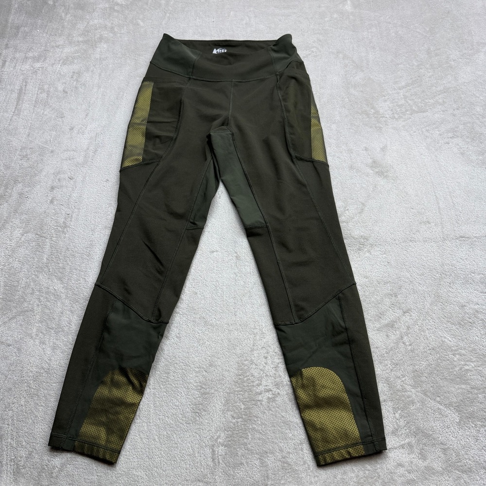 REI Co-op Athletic Leggings Womens Medium Olive Green Mesh Pocket Tights Outdoor